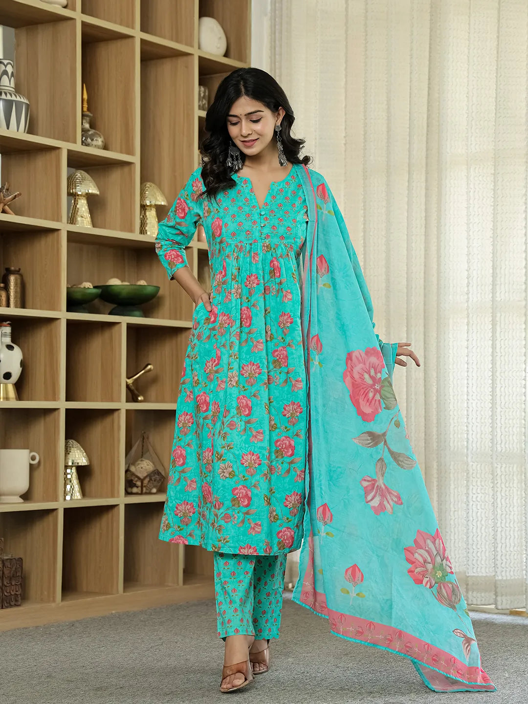 Yufta Sea Green Floral Print ALine Kurta Trouser Dupatta Set
