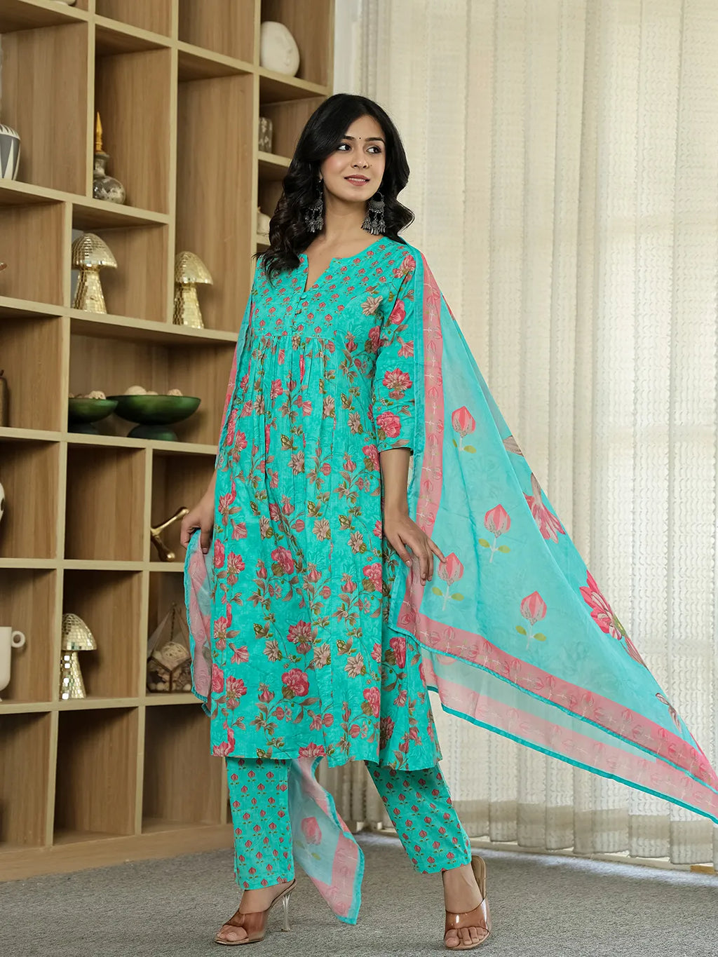 Yufta Sea Green Floral Print ALine Kurta Trouser Dupatta Set