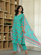 Yufta Sea Green Floral Print ALine Kurta Trouser Dupatta Set