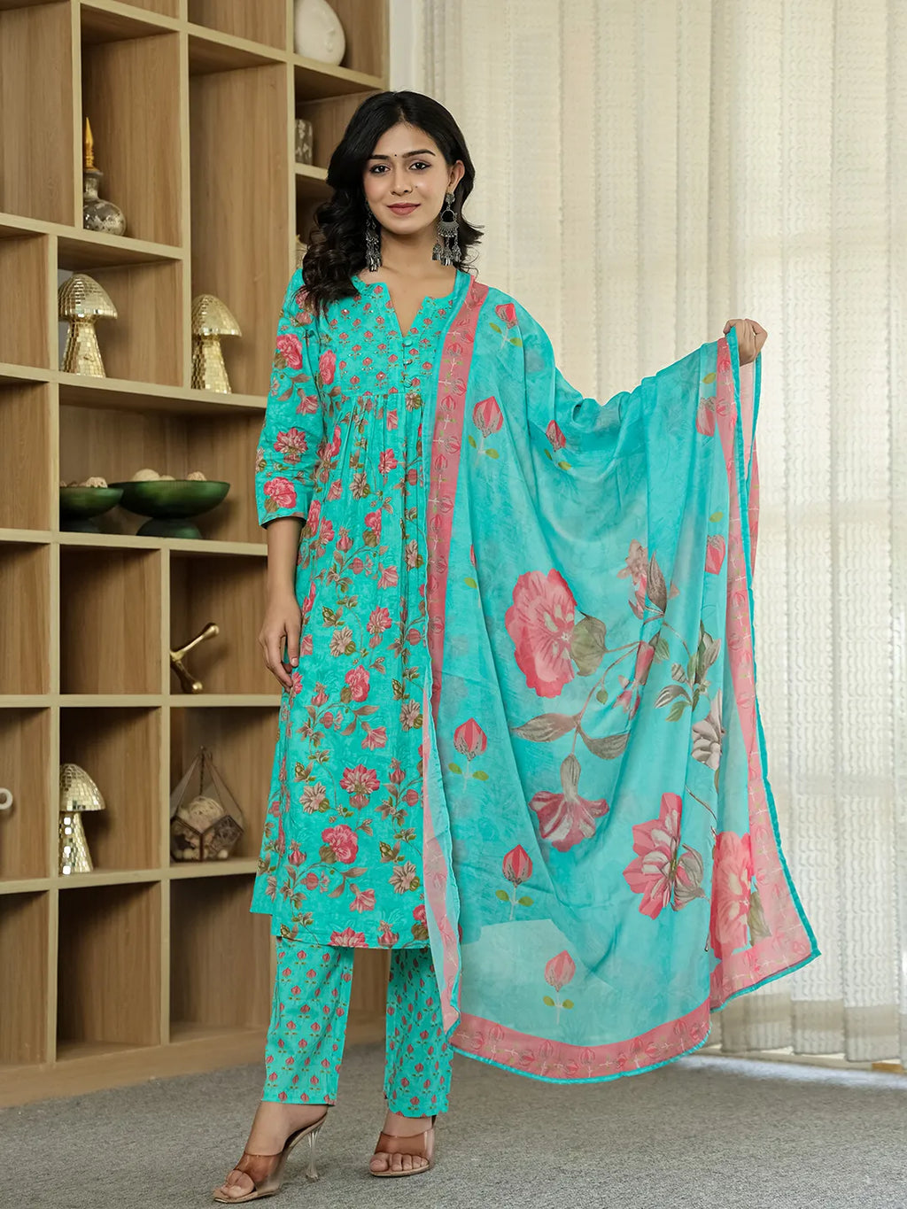 Yufta Sea Green Floral Print ALine Kurta Trouser Dupatta Set