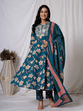 Yufta Sea Green Floral Pure Cotton Anarkali Kurta And Trouser With Dupatta Set