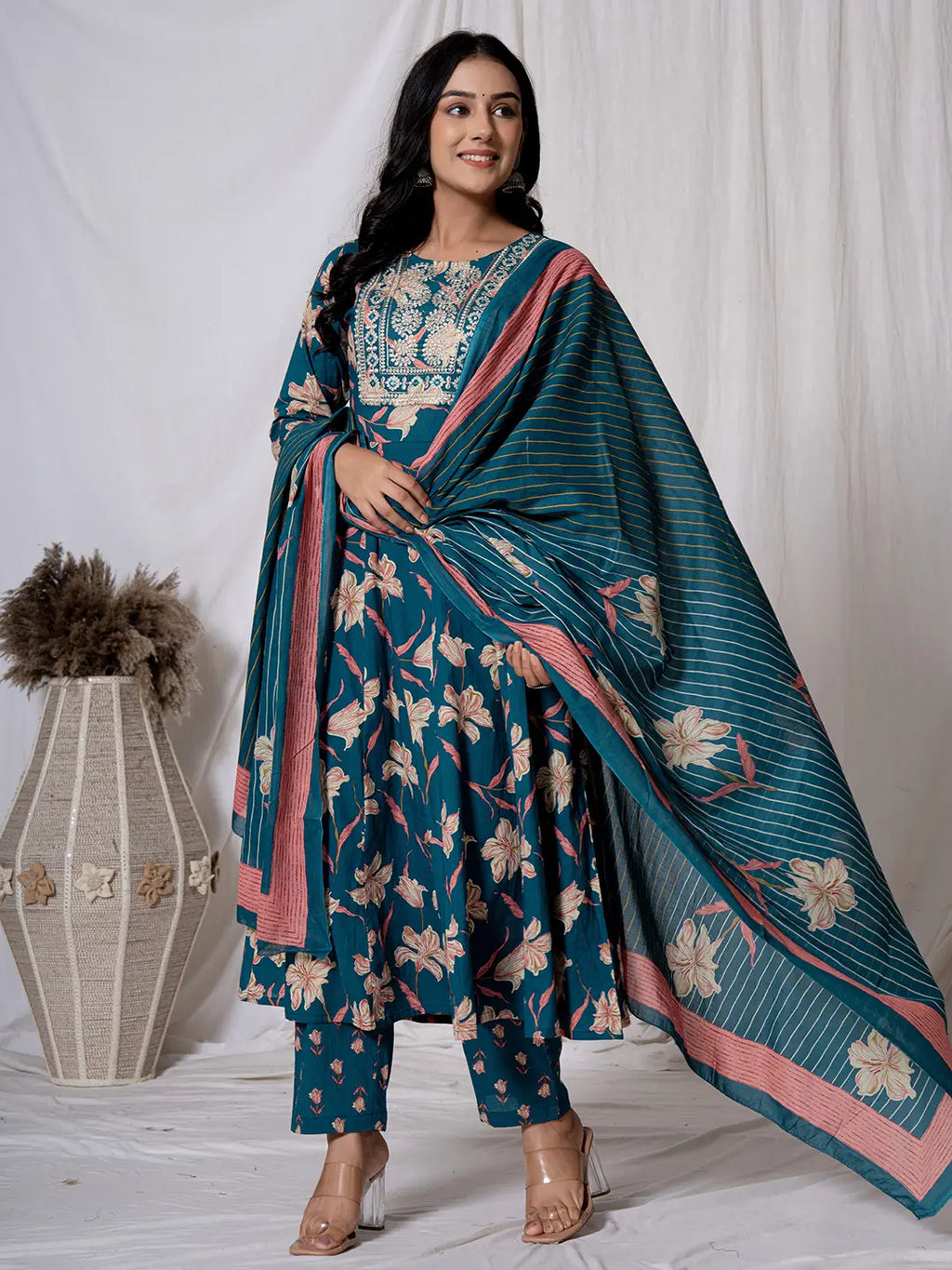 Yufta Sea Green Floral Pure Cotton Anarkali Kurta And Trouser With Dupatta Set