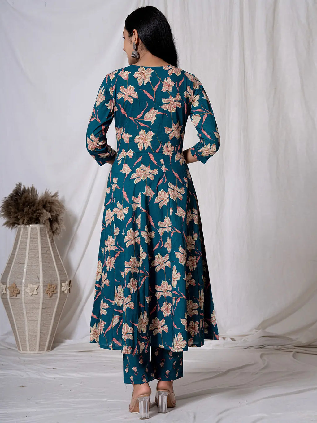 Yufta Sea Green Floral Pure Cotton Anarkali Kurta And Trouser With Dupatta Set