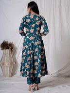 Yufta Sea Green Floral Pure Cotton Anarkali Kurta And Trouser With Dupatta Set