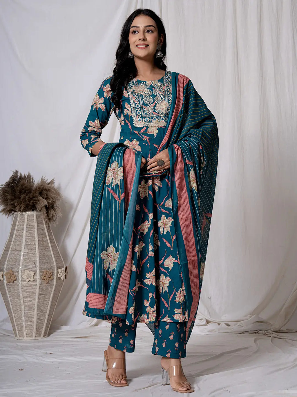 Yufta Sea Green Floral Pure Cotton Anarkali Kurta And Trouser With Dupatta Set