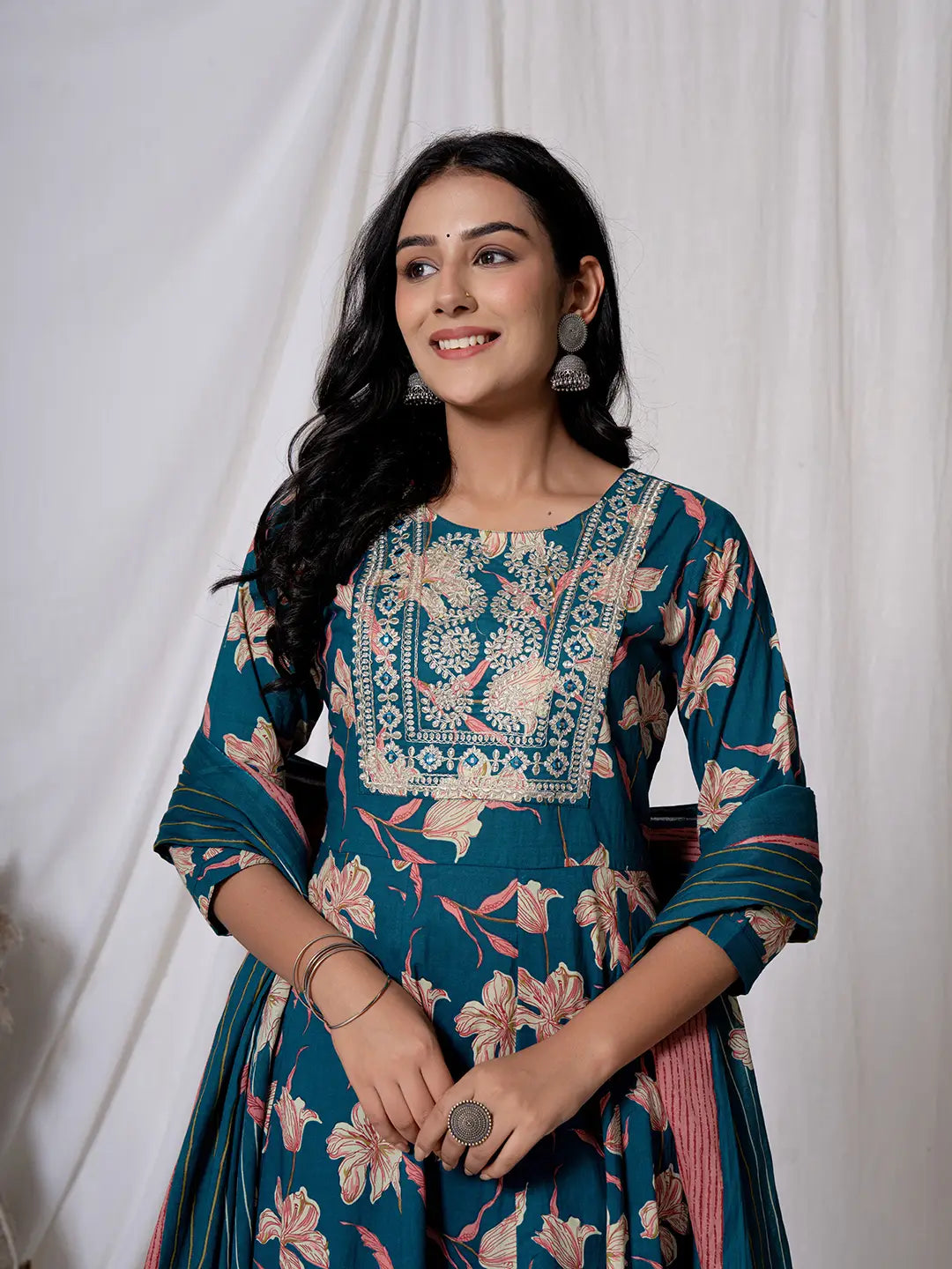 Yufta Sea Green Floral Pure Cotton Anarkali Kurta And Trouser With Dupatta Set
