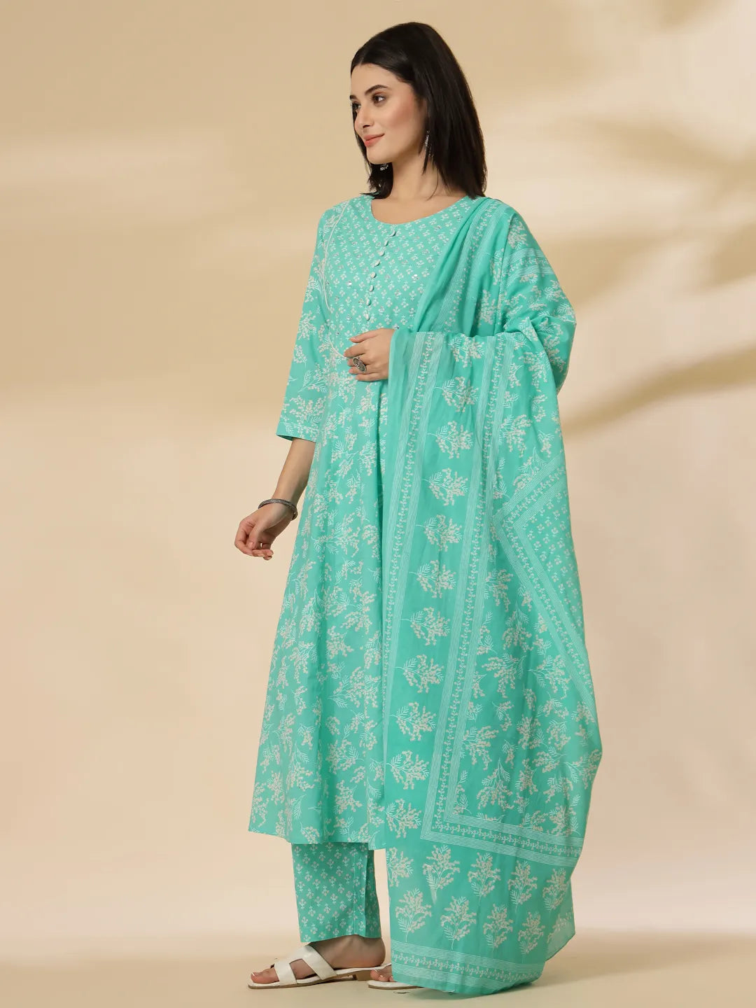 Yufta Sea Green Pure Cotton Anarkali Dupatta Pant Set