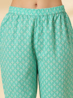 Yufta Sea Green Pure Cotton Anarkali Dupatta Pant Set
