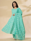 Yufta Sea Green Pure Cotton Anarkali Dupatta Pant Set