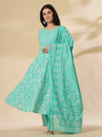 Yufta Sea Green Pure Cotton Anarkali Dupatta Pant Set