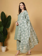 Yufta Sea Green Pure Cotton FloralLace Work Kurta Dupatta Pant Set