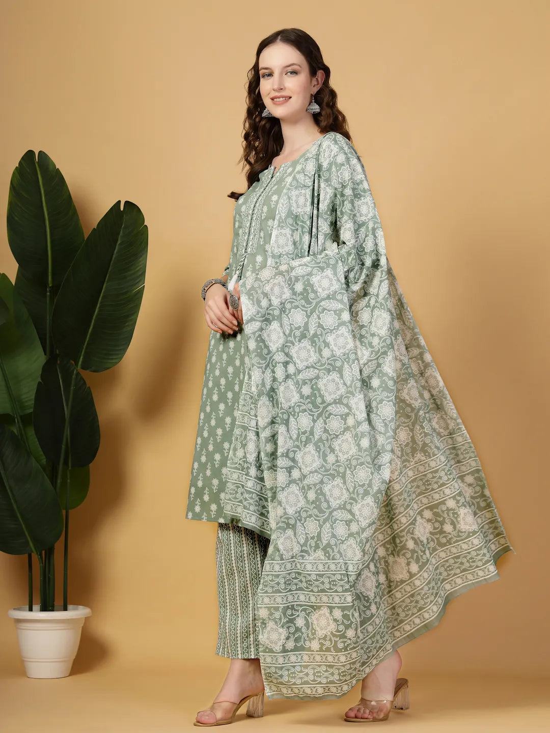 Yufta Sea Green Pure Cotton FloralLace Work Kurta Dupatta Pant Set