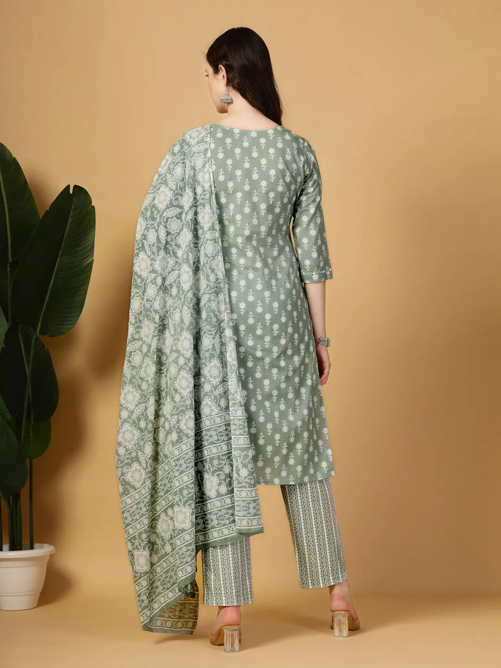 Yufta Sea Green Pure Cotton FloralLace Work Kurta Dupatta Pant Set