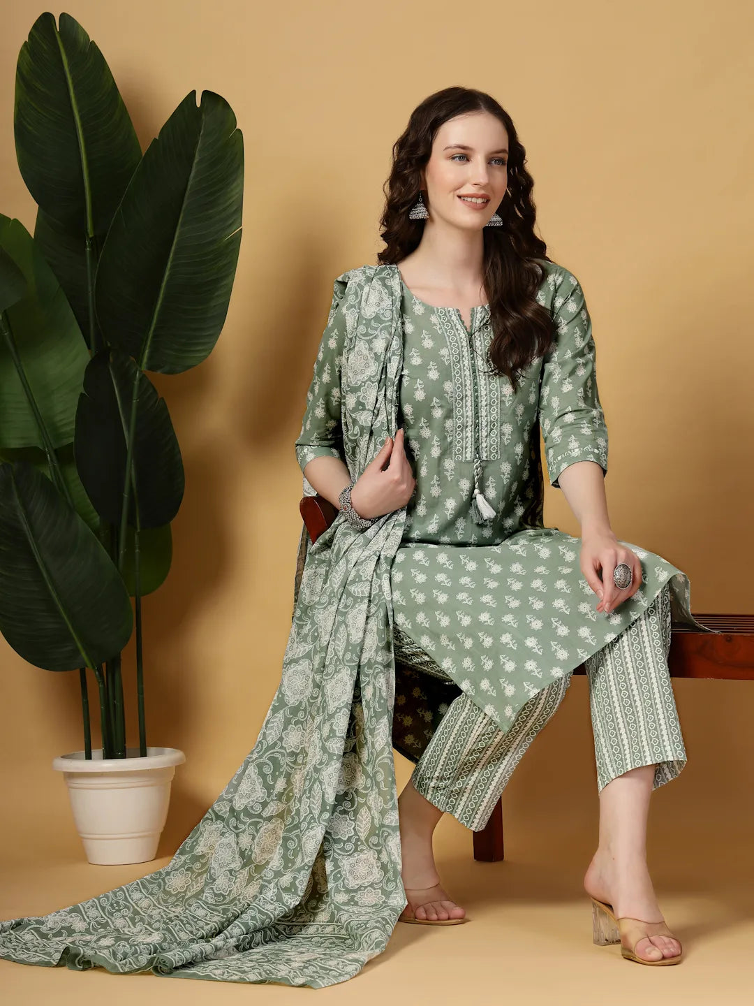 Yufta Sea Green Pure Cotton FloralLace Work Kurta Dupatta Pant Set