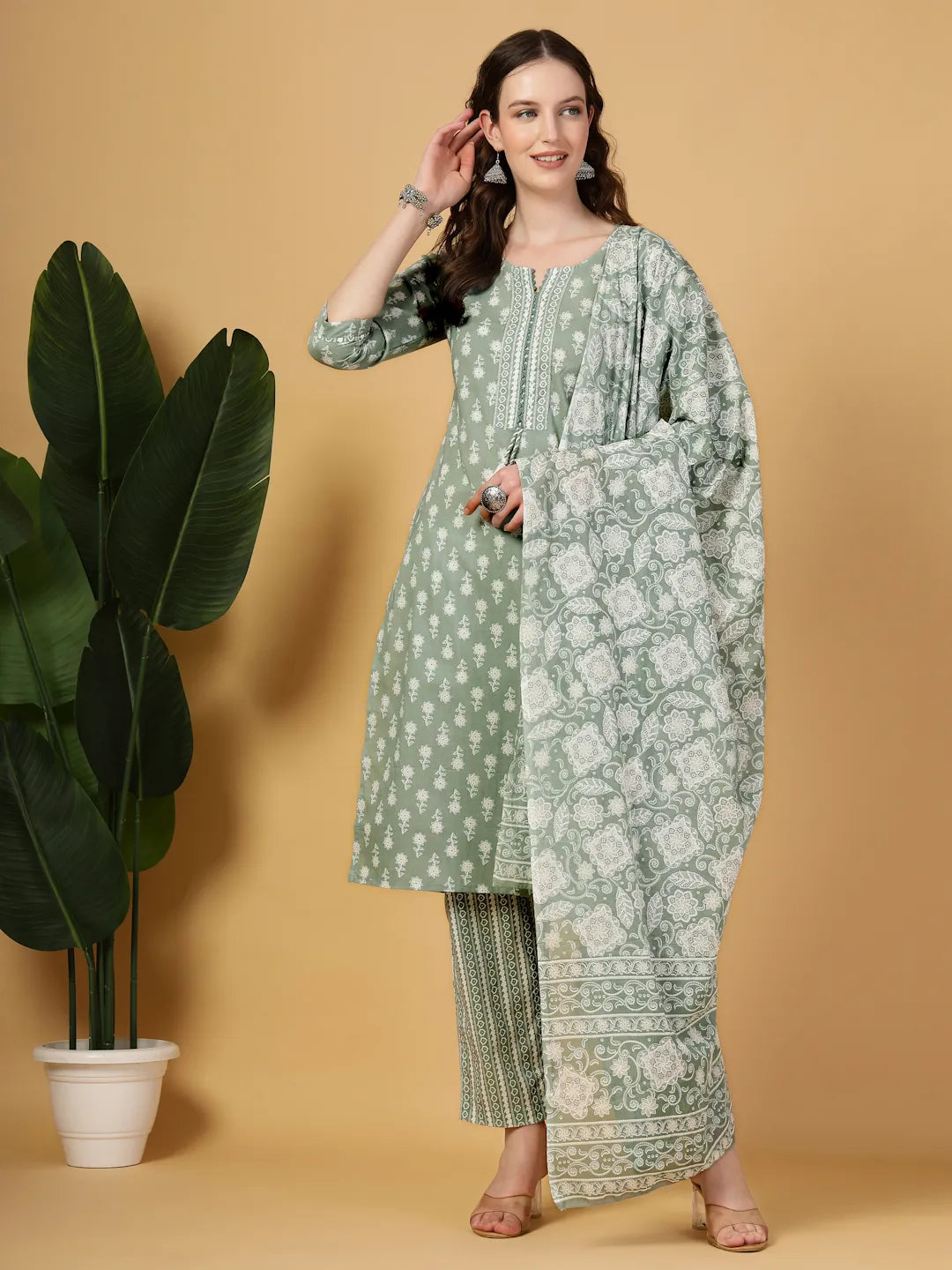 Yufta Sea Green Pure Cotton FloralLace Work Kurta Dupatta Pant Set