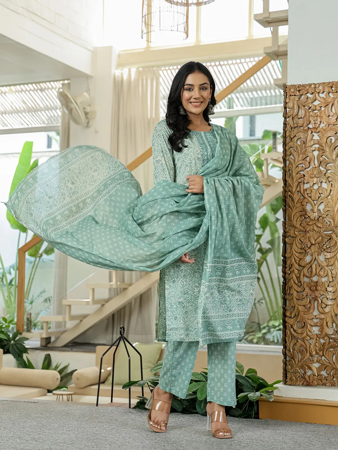 Yufta Sea Green Pure Cotton Thread Work Sequins Work Kurta Dupatta Pant Set