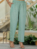 Yufta Sea Green Pure Cotton Thread Work Sequins Work Kurta Dupatta Pant Set