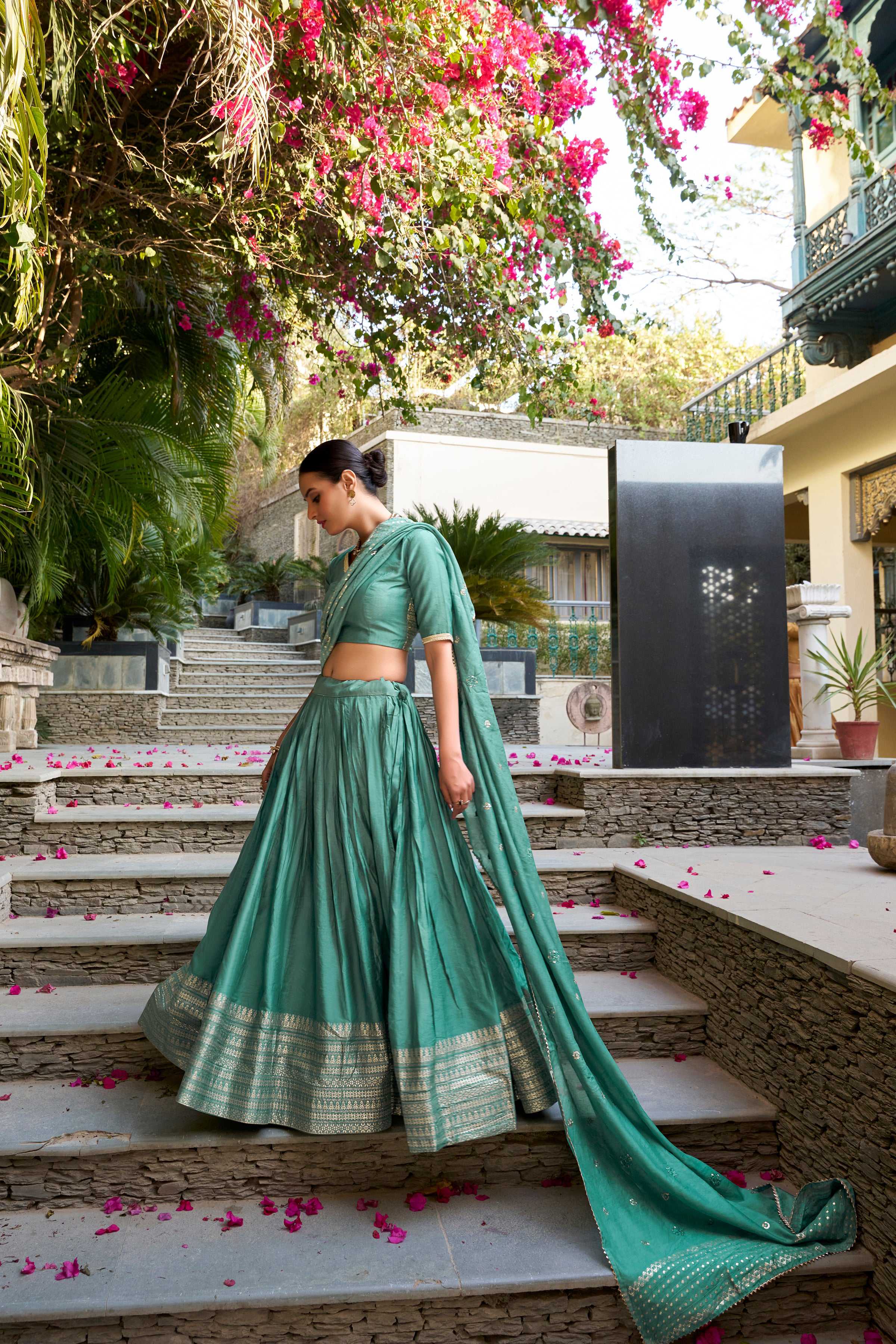 Evanik Women Pure Chanderi Plain With Zari Weaving Work Border Stitched Lehenga With Unstitched Blouse Dupatta(Up to 42) - Distacart