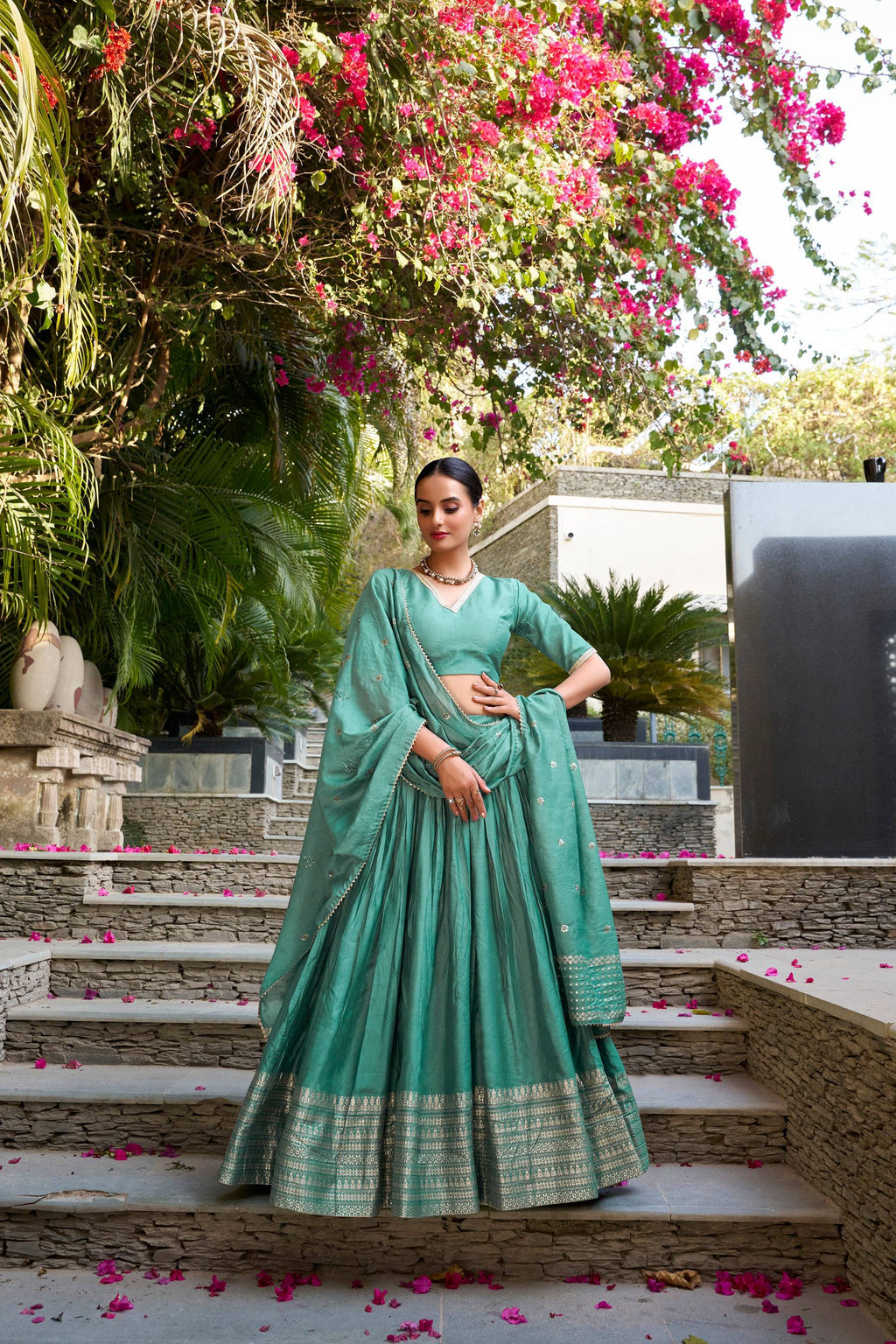 Evanik Women Pure Chanderi Plain With Zari Weaving Work Border Stitched Lehenga With Unstitched Blouse Dupatta(Up to 42) - Distacart