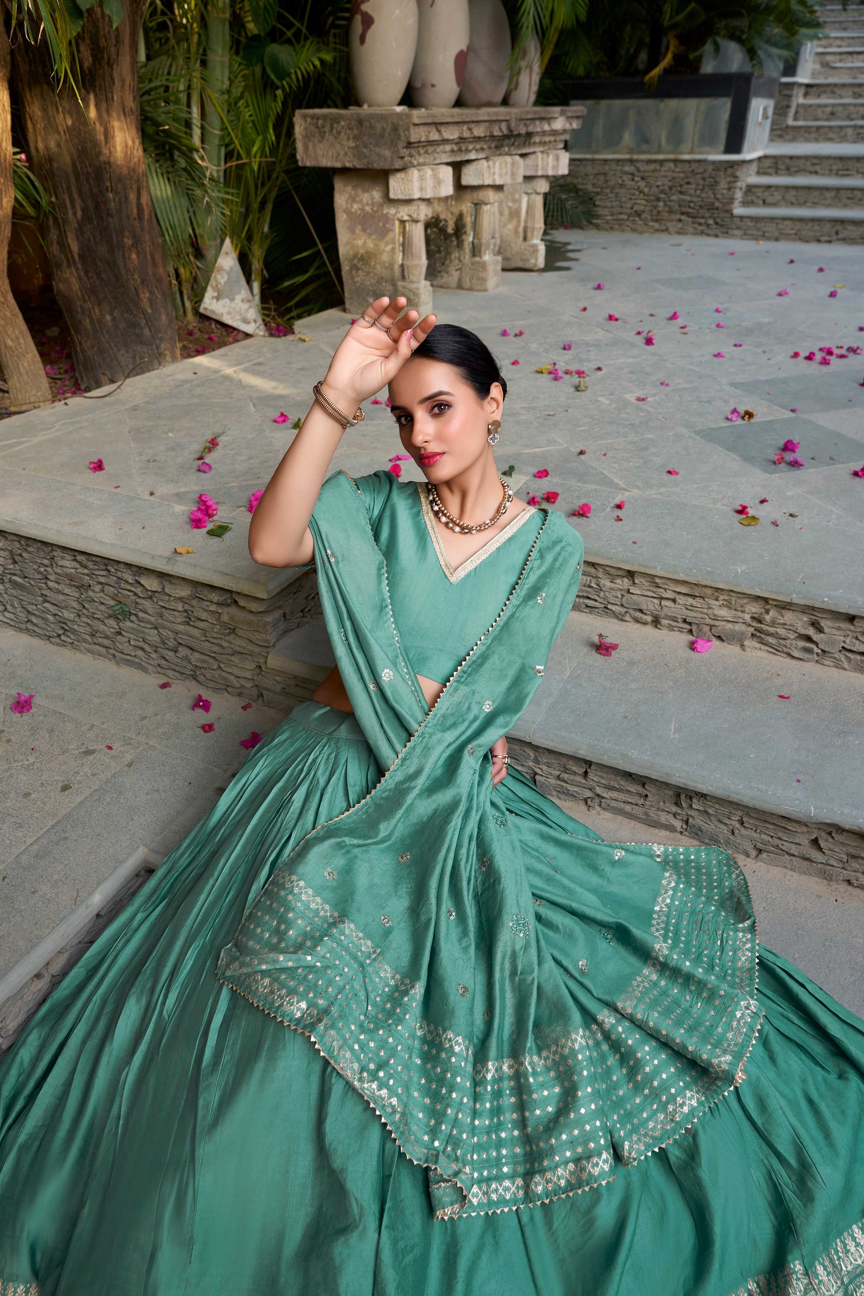 Evanik Women Pure Chanderi Plain With Zari Weaving Work Border Stitched Lehenga With Unstitched Blouse Dupatta(Up to 42) - Distacart