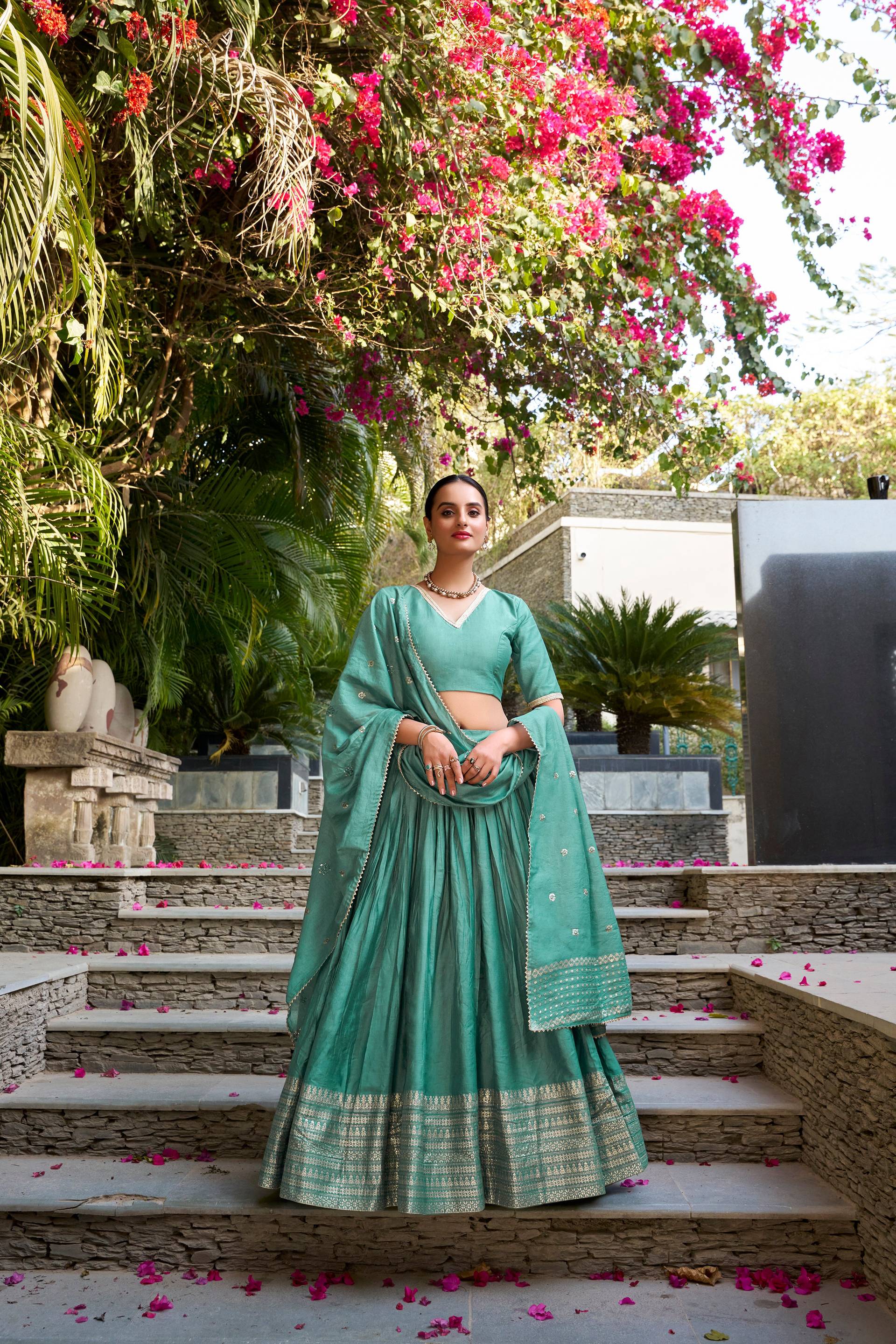 Evanik Women Pure Chanderi Plain With Zari Weaving Work Border Stitched Lehenga With Unstitched Blouse Dupatta(Up to 42) - Distacart