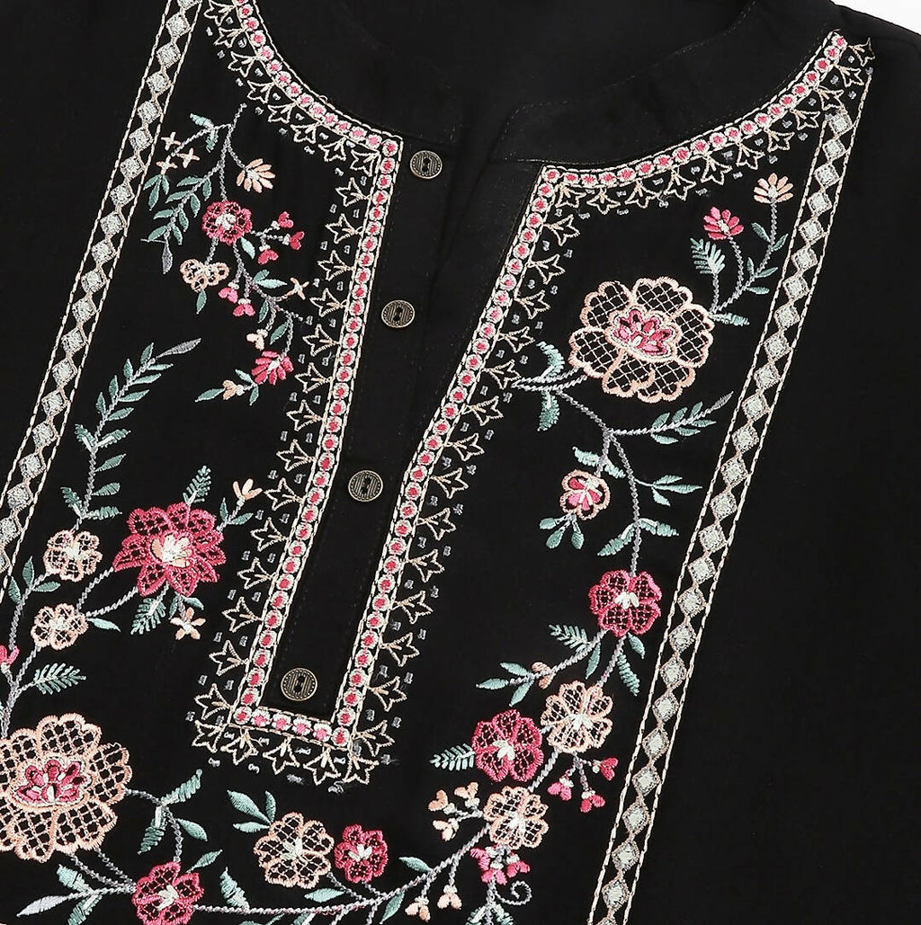 Black Rayon Yoke Embroidered A-line Top - Tarini
