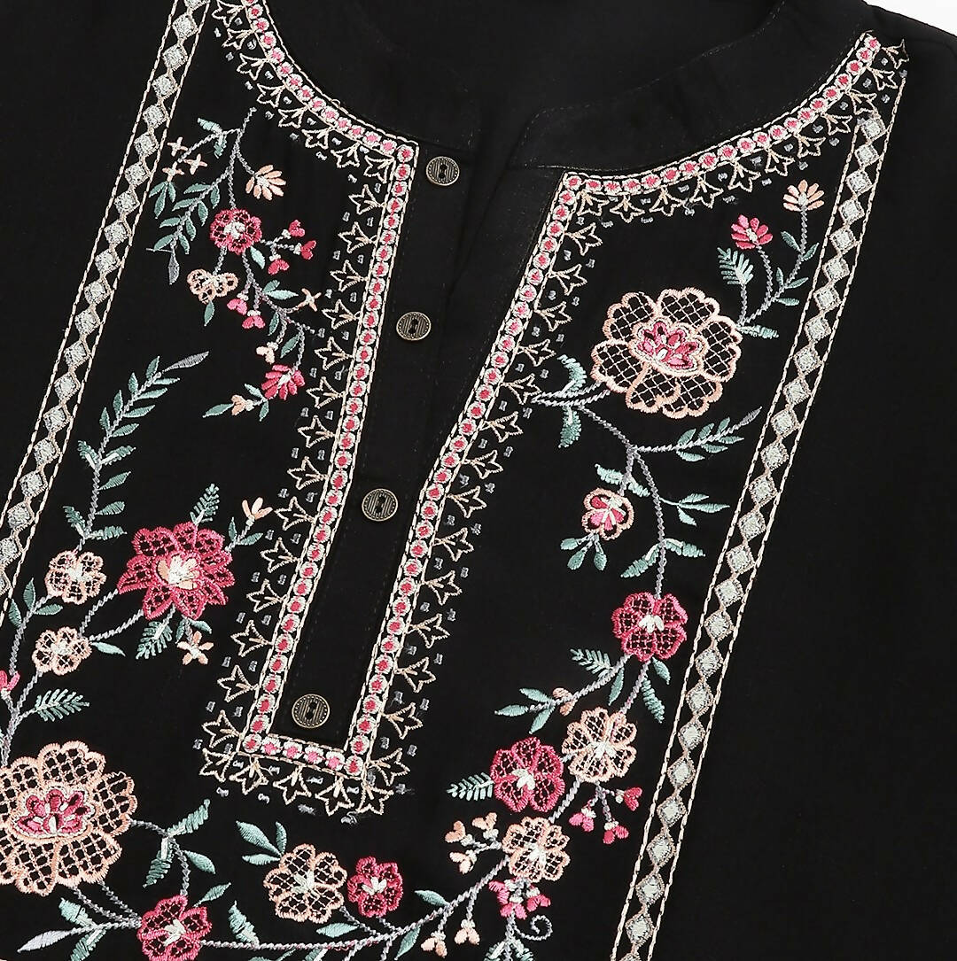 Black Rayon Yoke Embroidered A-line Top - Tarini