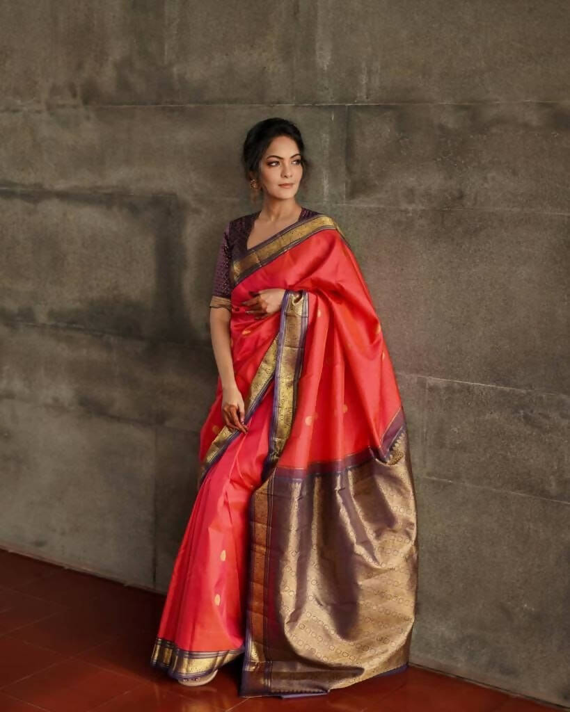 DEIANA'S Beautiful Designer Golden zari Soft Lichi Silk Saree - Orange