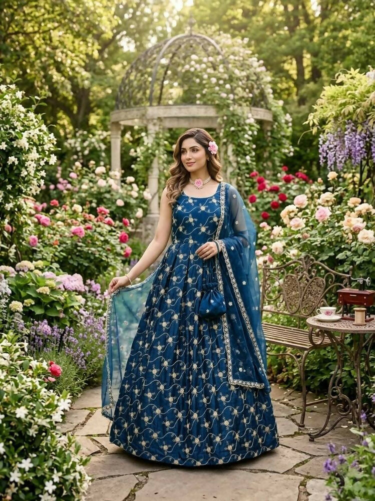 Teeya Creation Blue Color Fendy Silk Heavy Embroidery Work Wedding Wear Long Gown - Distacart