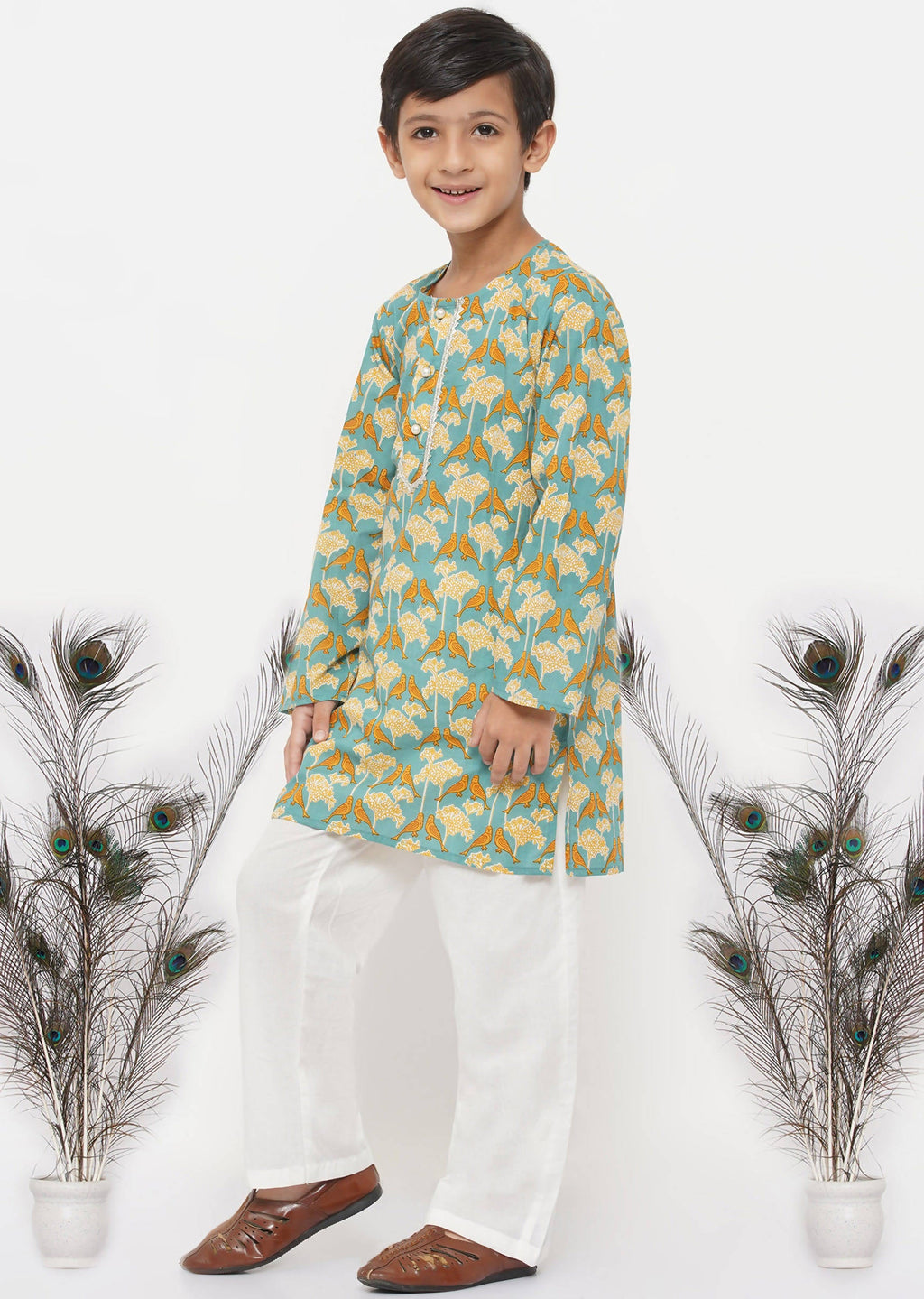 Little Bansi Boys Cotton Bird Print Kurta with Pearl Buttons & Pyjama -Blue & Cream