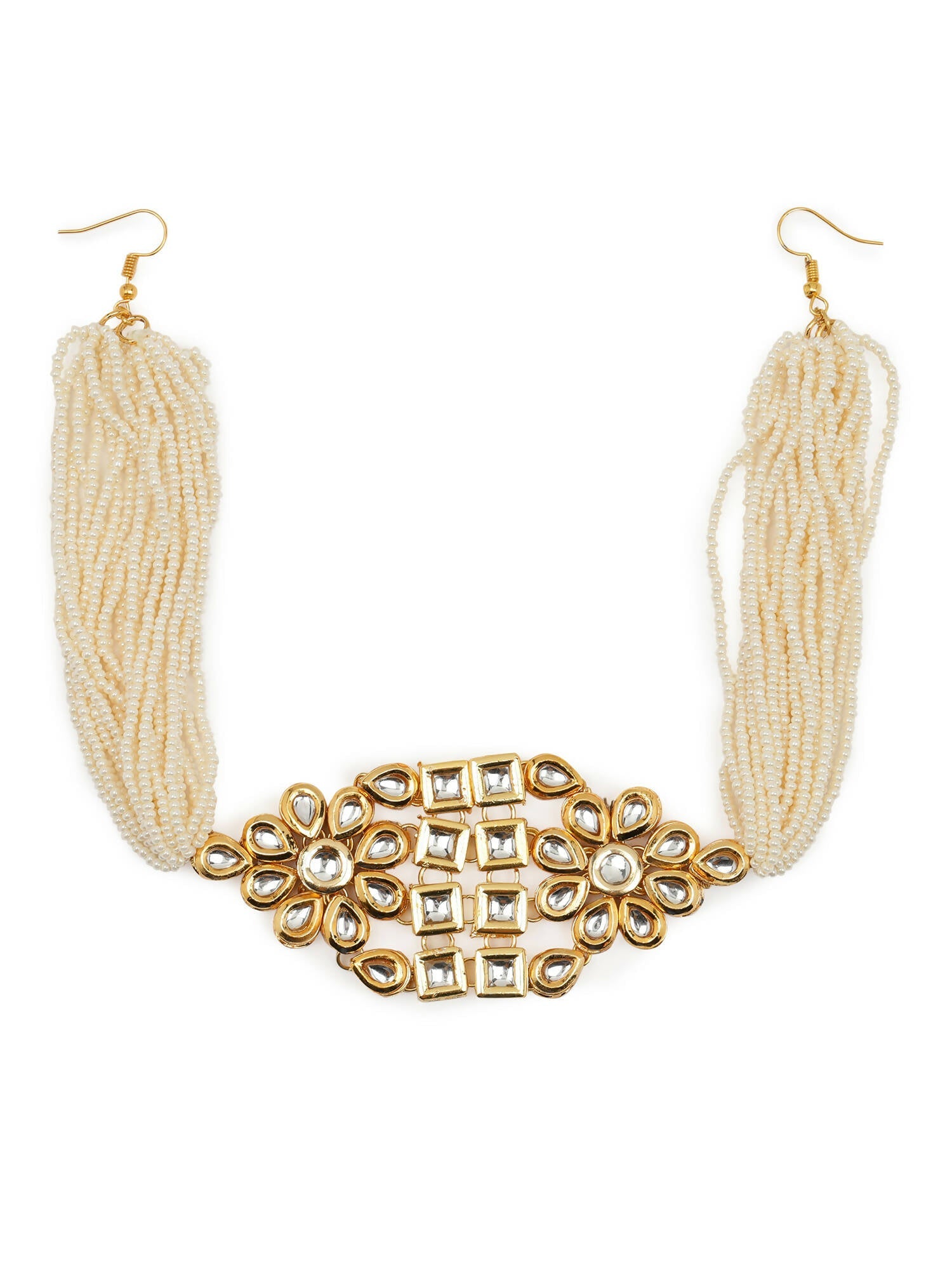 Gold-Plated White Kundan-Studded Pearl Beaded Hair Band - Ruby Raang - Distacart