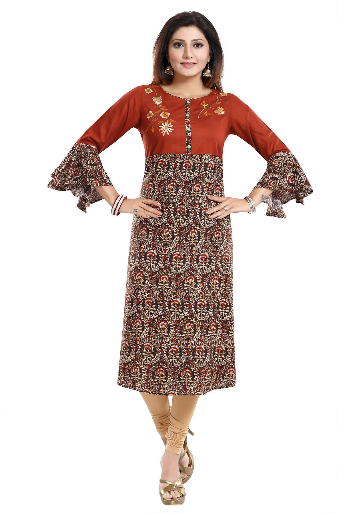 Snehal Creations Rust Rayon Printed Flared Long Tunic - Distacart