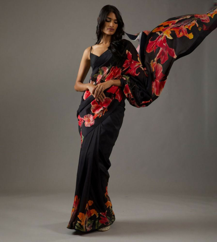 Black Bright Moss Designer Digital Printed Party Wear Saree - Be Verly