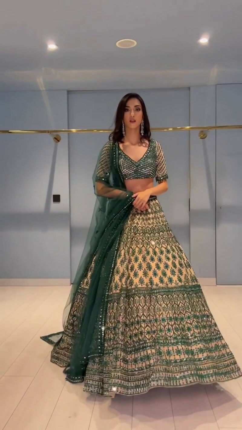 Jyoti Fashion Teal Green & Cream 3mm with Thread Embroidery Georgette Lehenga Choli with Dupatta
