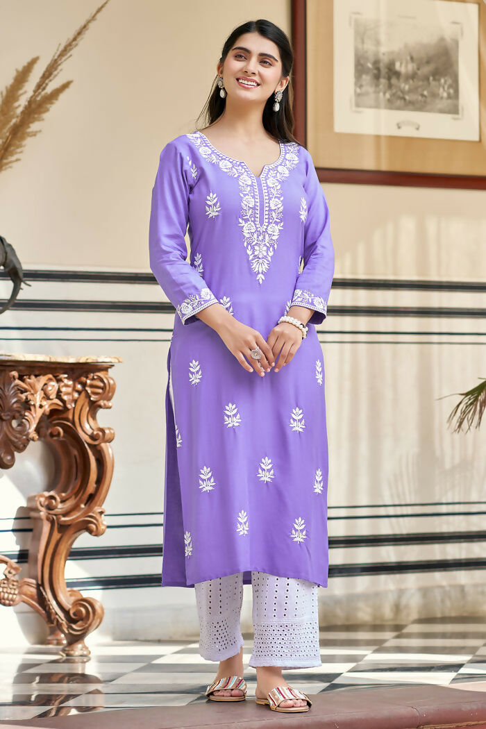 The52 Lavender Women's Gorgeous Chikankari work Pure Rayon Fabric Straight Kurta, Pant Set - Distacart