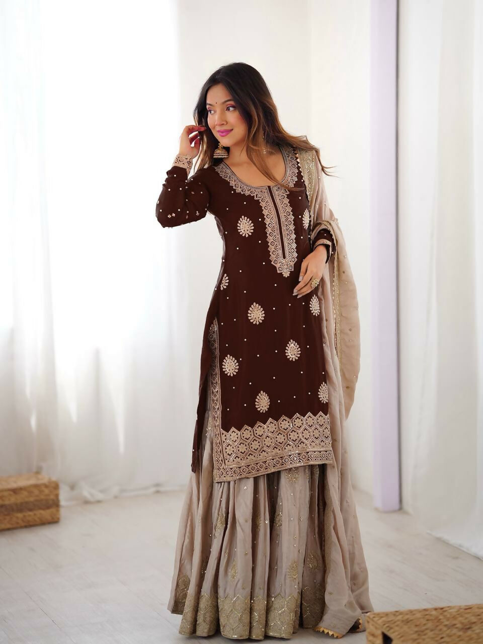 Lehenga Mart Designer Sharara Suit With Kurta, Sharara, Dupatta For Women-Brown - Distacart