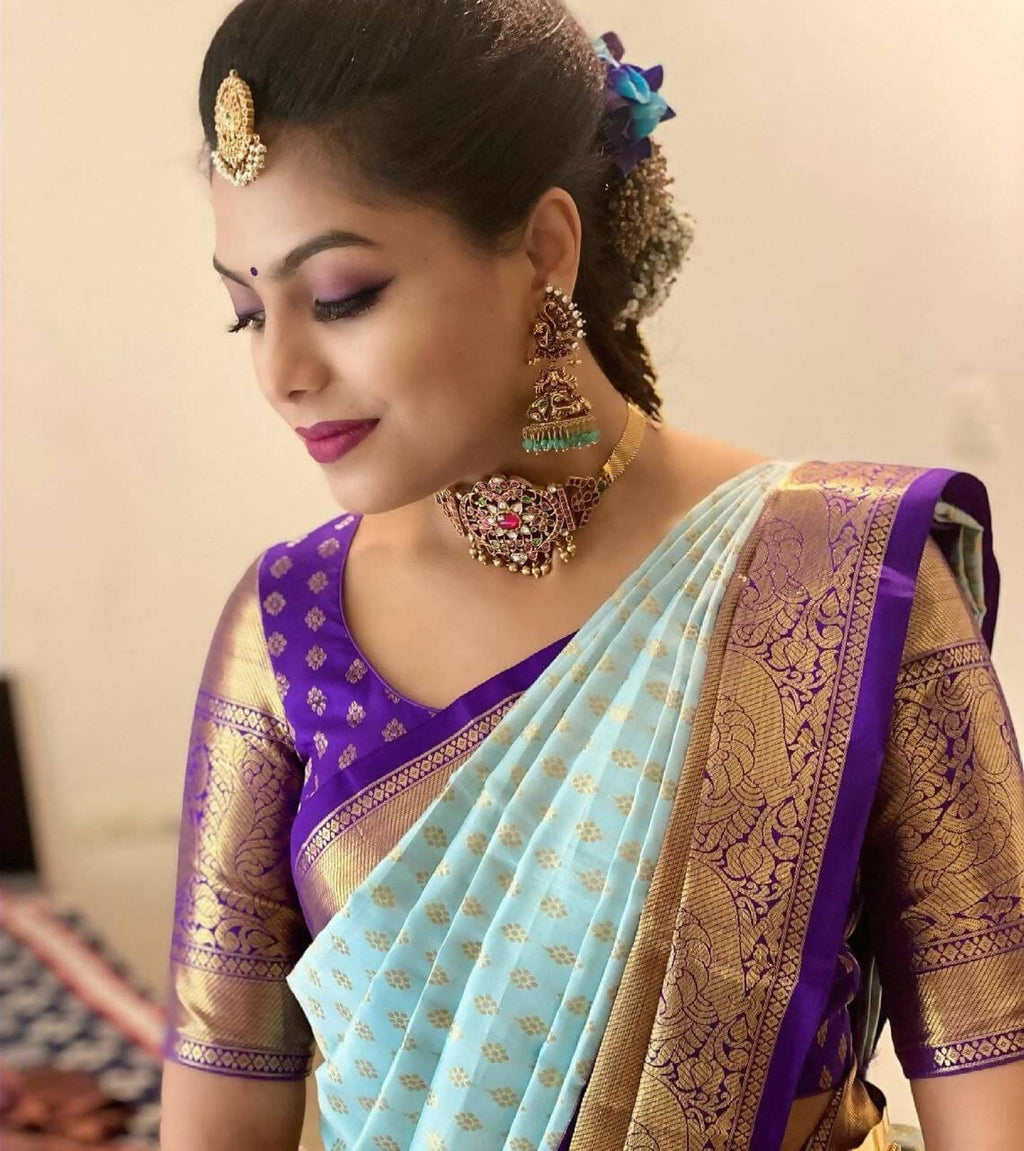 DEIANA'S Beautiful Designer Golden zari Soft Lichi Silk Saree - Sky