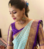 DEIANA'S Beautiful Designer Golden zari Soft Lichi Silk Saree - Sky