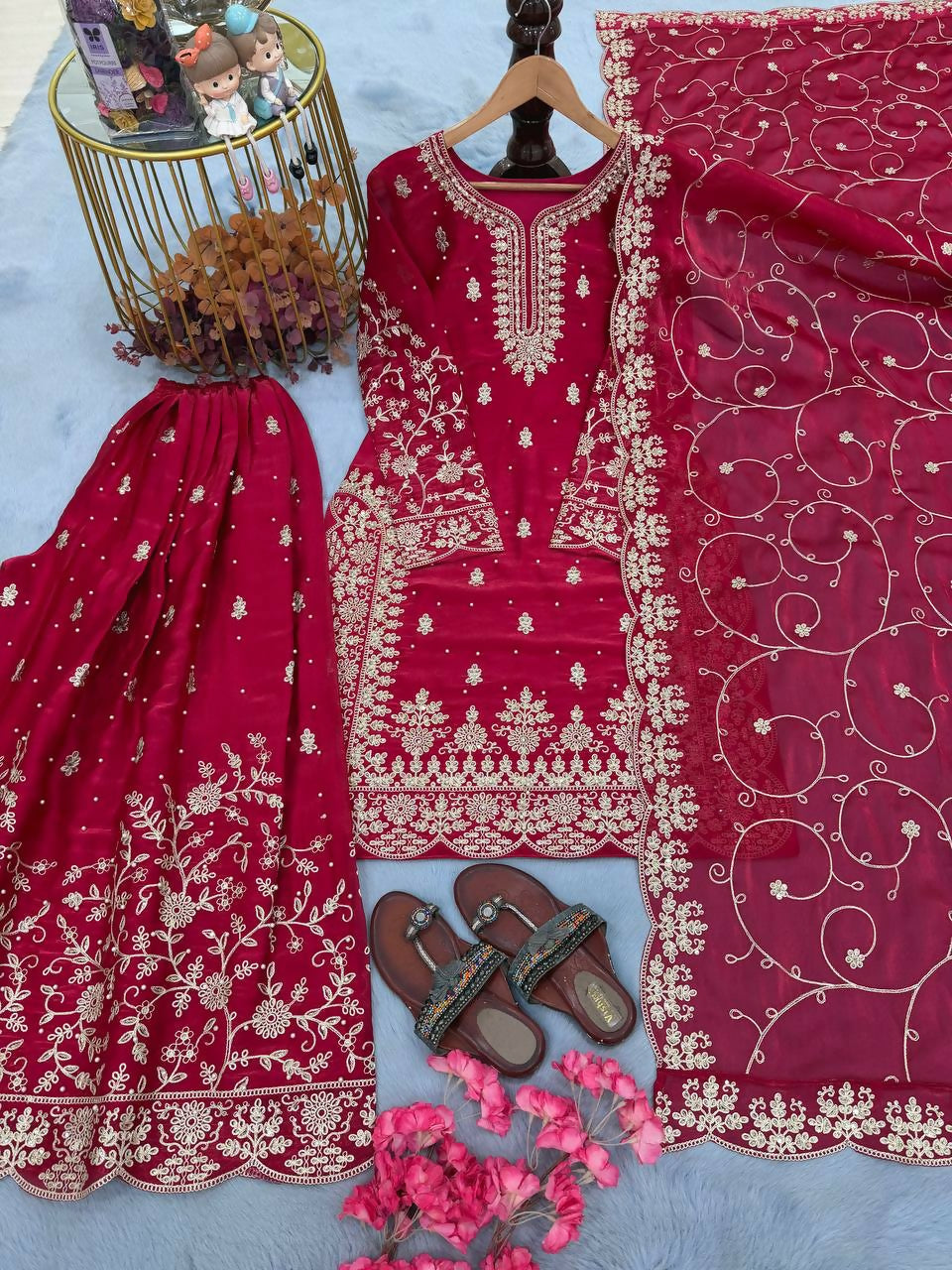 Teeya Creation Rani Pure Silk Gimmy Silk Heavy Embroidery Work Wedding Wear Palazzo Pair - Distacart