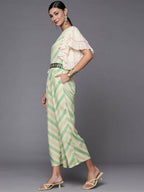 Ahalyaa Off White & Green Zig Zag Print Basic Jumpsuit - Distacart