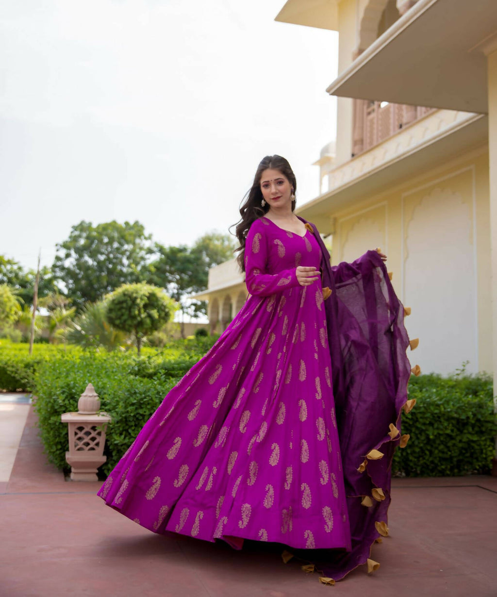 Purple Pure Reyon Gold Foil Work Stitched Suit With Dupatta - Anbazaar - Distacart