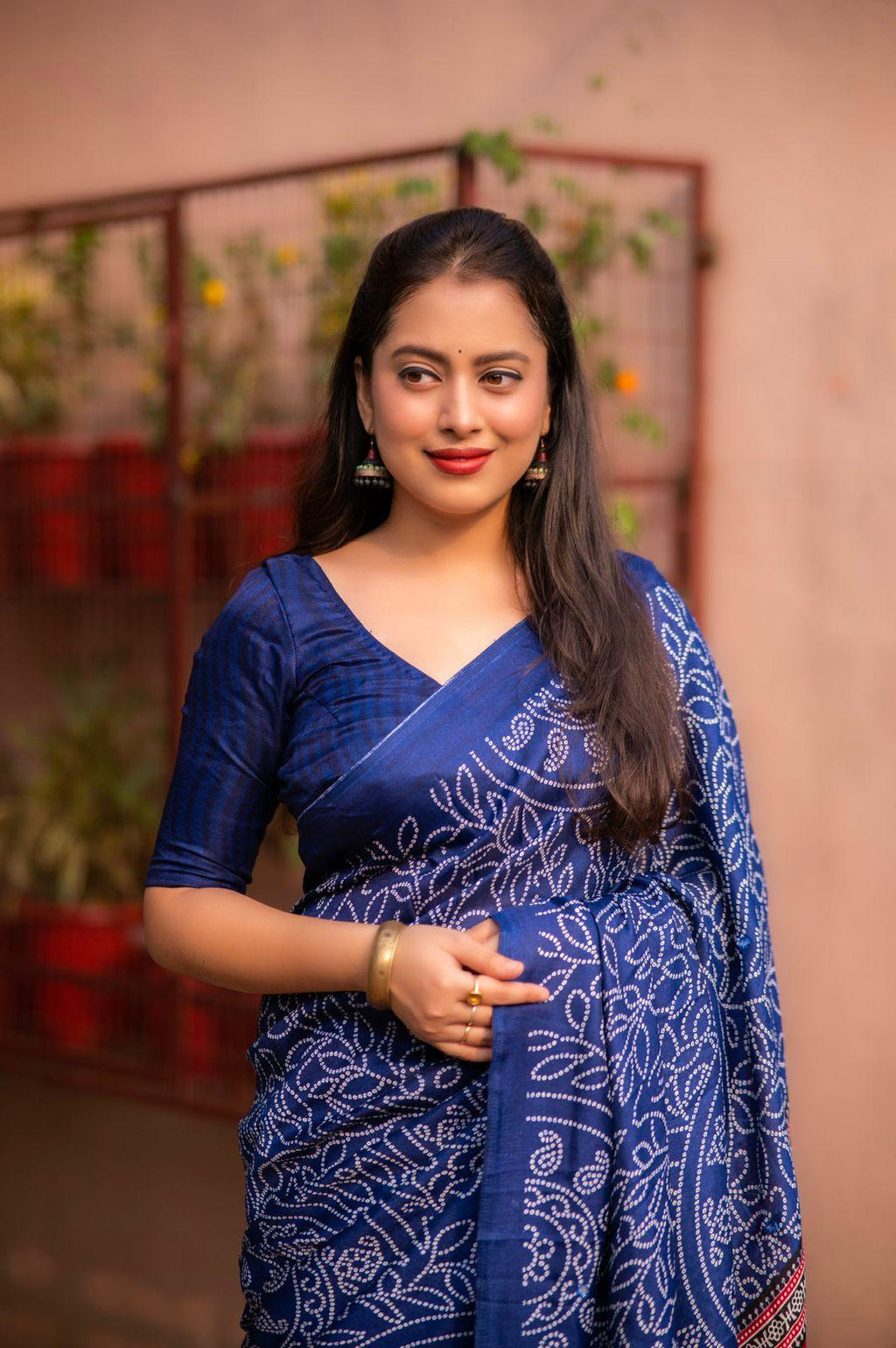 Blue Silk Blend Ajrak Saree with Unstitched Blouse - A2M