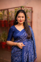 Blue Silk Blend Ajrak Saree with Unstitched Blouse - A2M