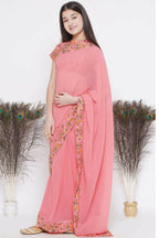 Little Bansi Floral Print Ready To Wear Saree And Floral Blouse - Coral