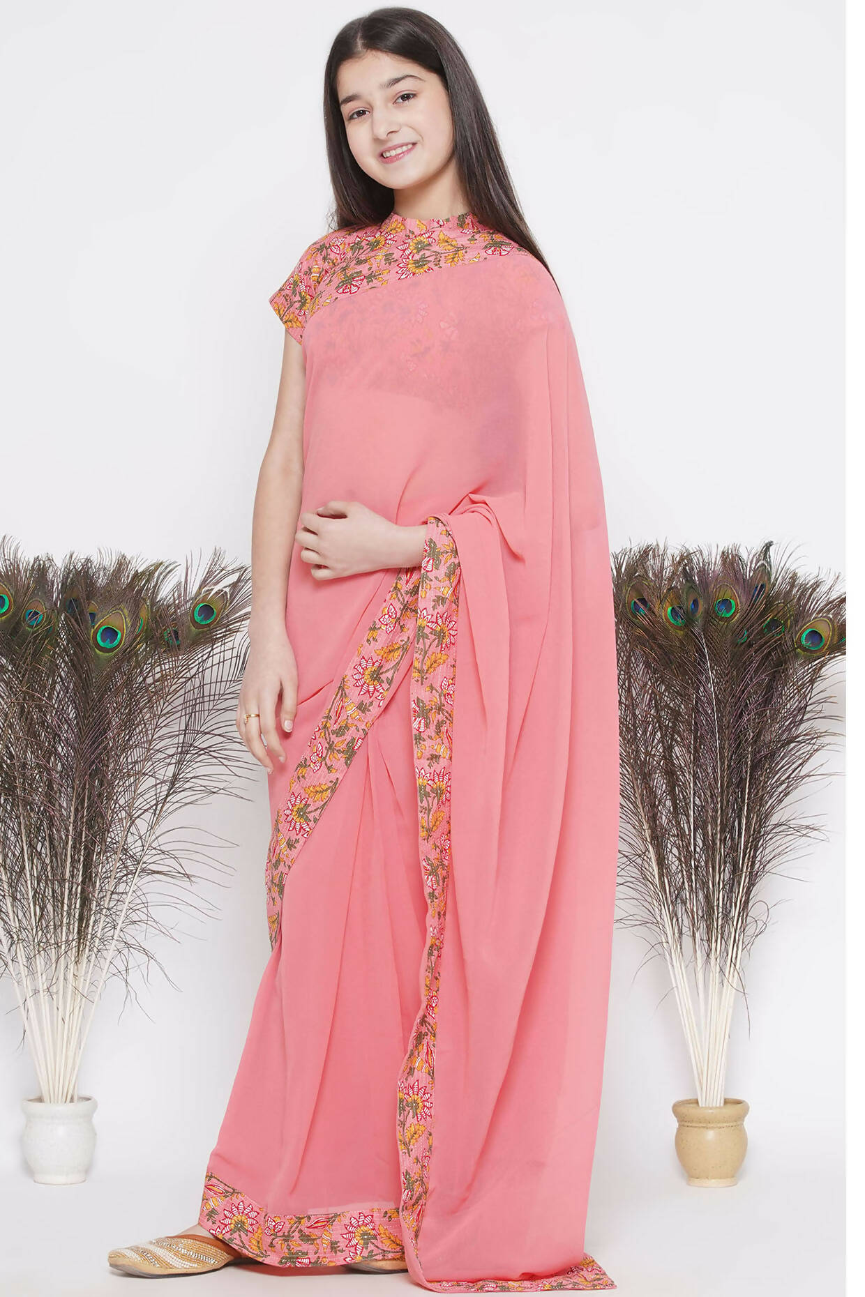 Little Bansi Floral Print Ready To Wear Saree And Floral Blouse - Coral