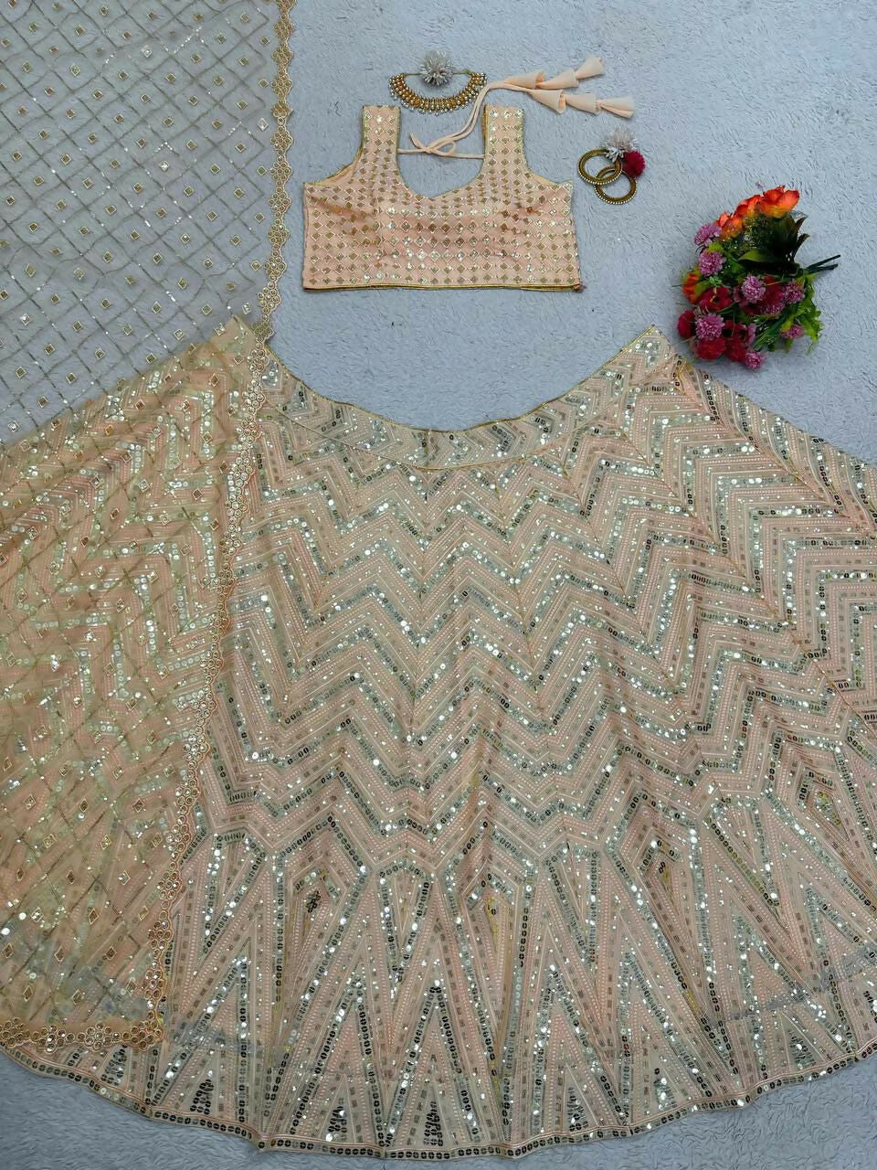 Jyoti Fashion Women's Cream Faux Georgette 9MM Sequins with Thread Embroidered Designer Lehenga Choli Set