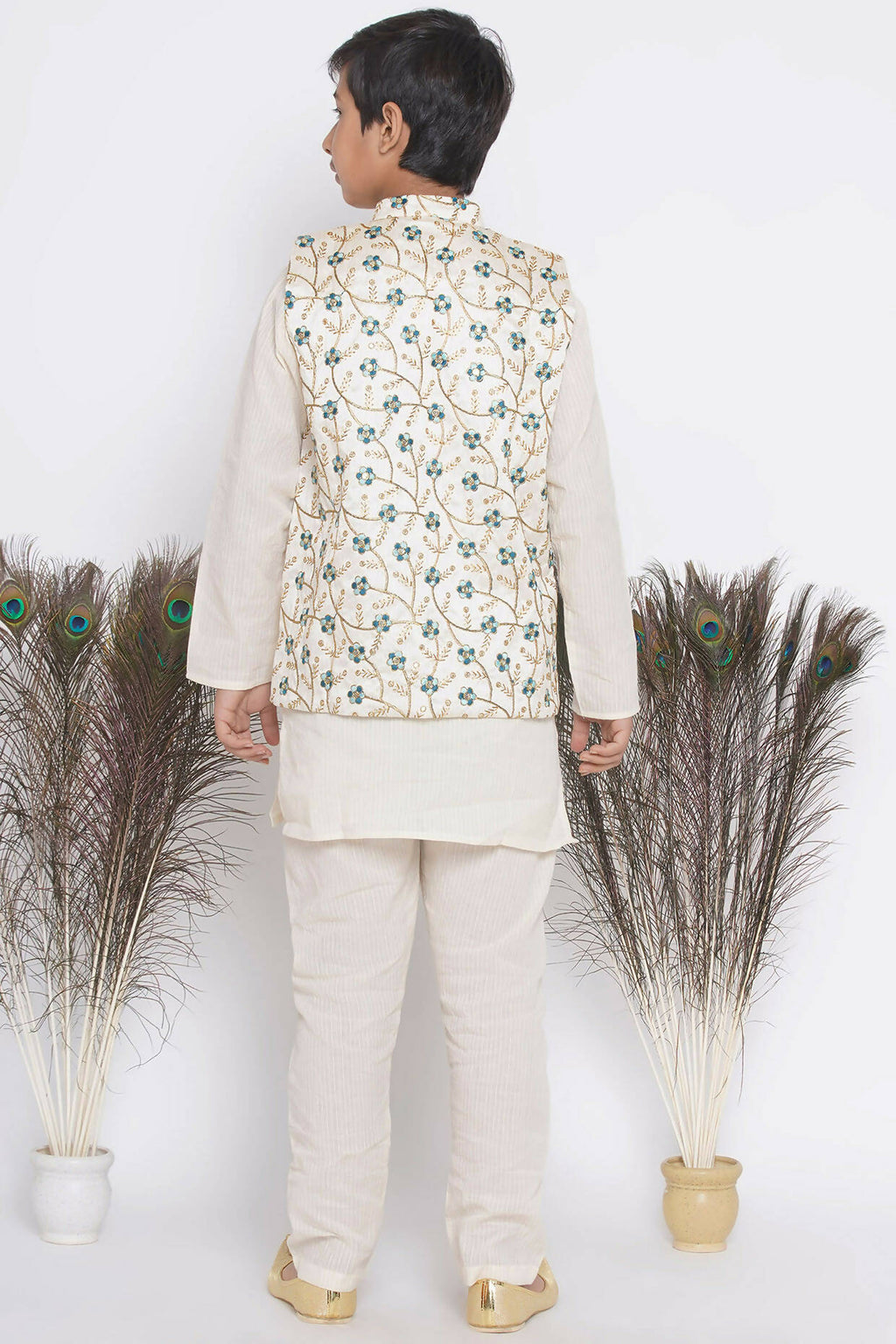 Little Bansi Banarsi Silk Blue Floral Embroidery Jacket with Cotton Kantha kurta and Kantha Pyjama - Cream