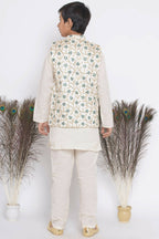 Little Bansi Banarsi Silk Blue Floral Embroidery Jacket with Cotton Kantha kurta and Kantha Pyjama - Cream
