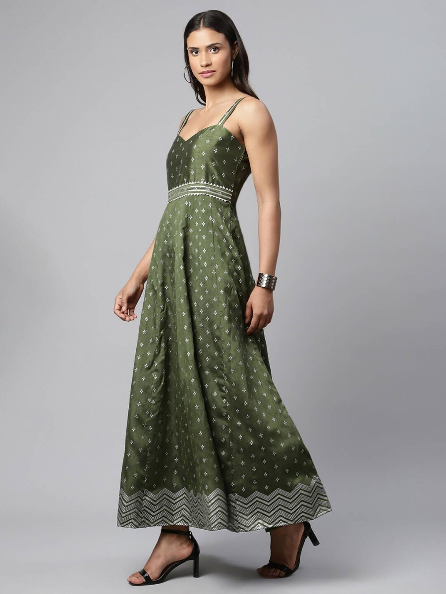 Ahalyaa Women Olive Poly Silk Silver Foil Printed Dress - Distacart