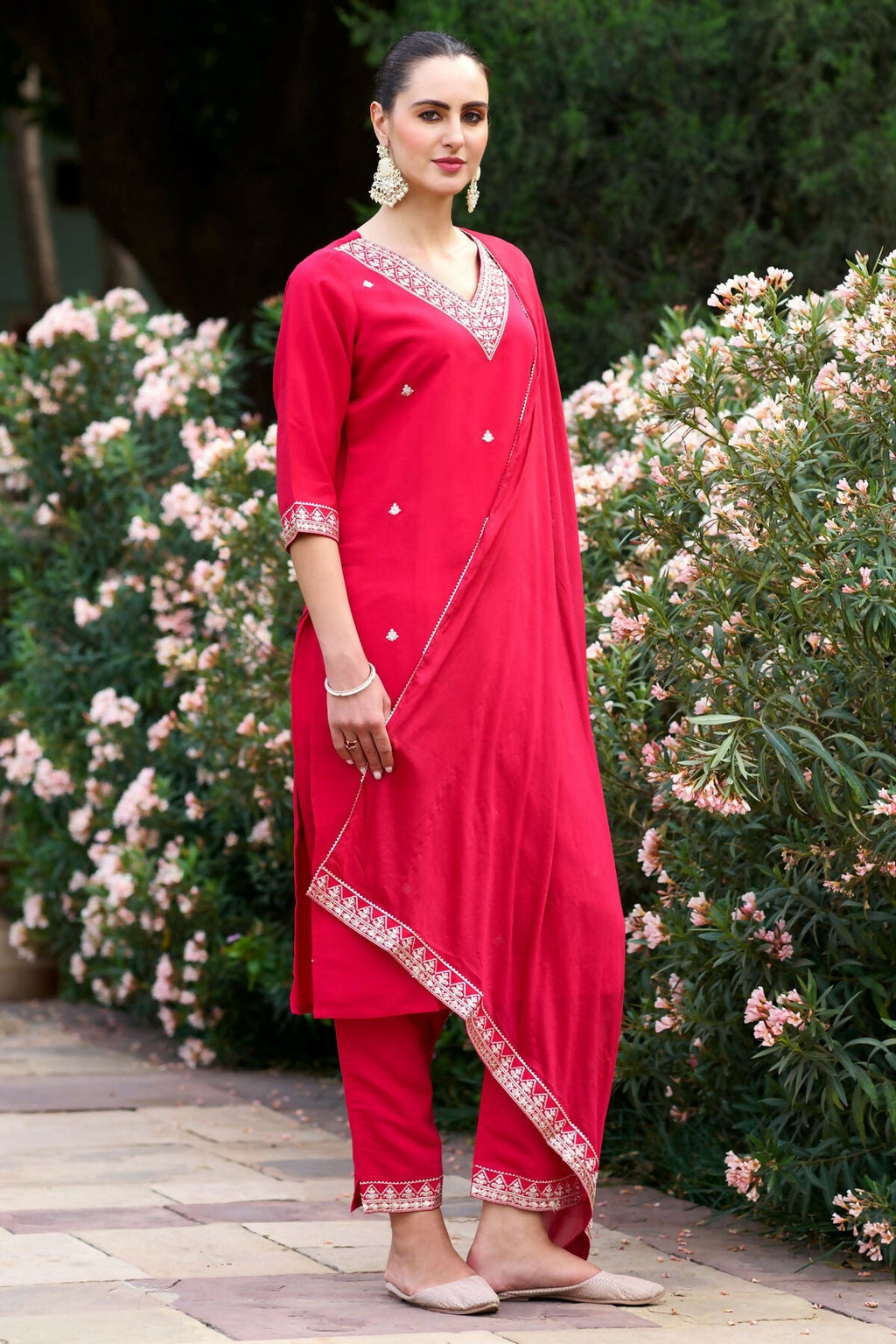 The52 Red Women's Gorgeous Embroidered Rayon Slub Fabric Straight Kurta Pant with Dupatta Set - Distacart